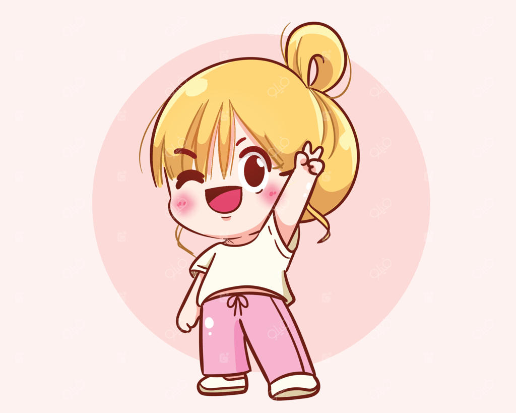 تصویرسازی کارتونی طراحی دستی دختر بامزه با ژست دو انگشت، بنر لوگو