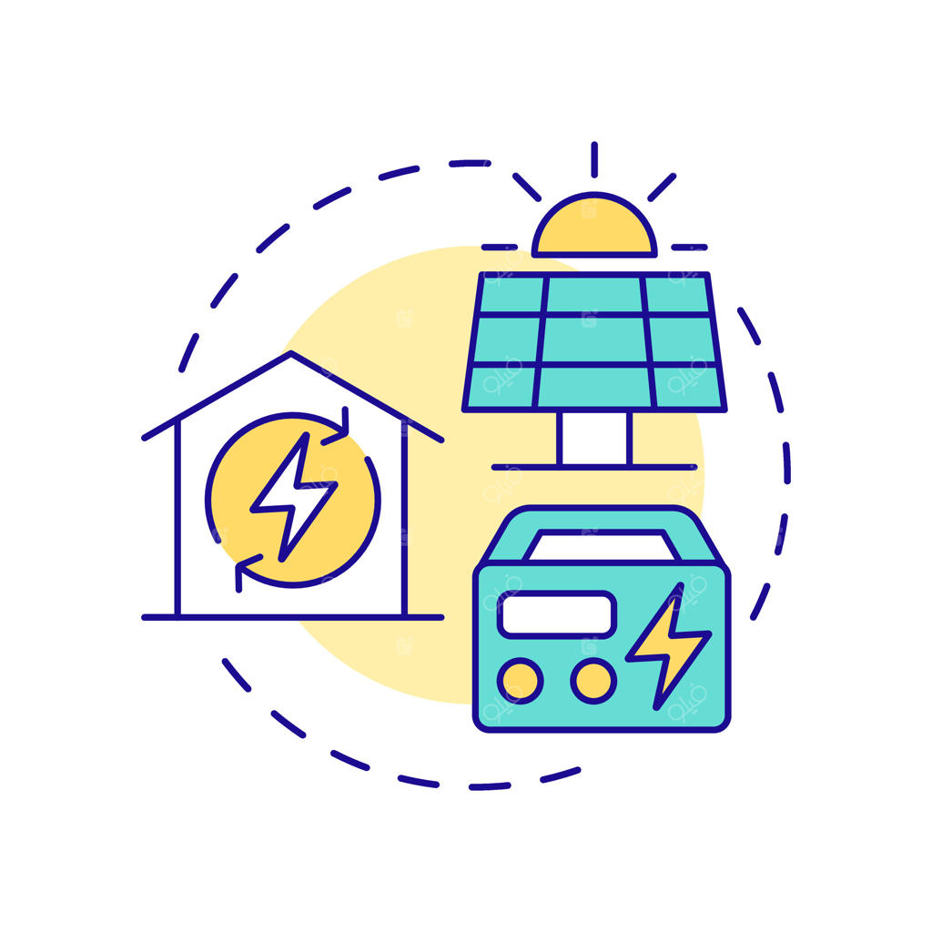 نماد مفهوم خودکفایی خانگی با رنگ‌های متنوع. پانل‌های خورشیدی، انرژی سبز. برق، نیرو. طراحی دایره‌ای. ایده انتزاعی. طراحی گرافیکی. مناسب برای اینفوگرافیک.