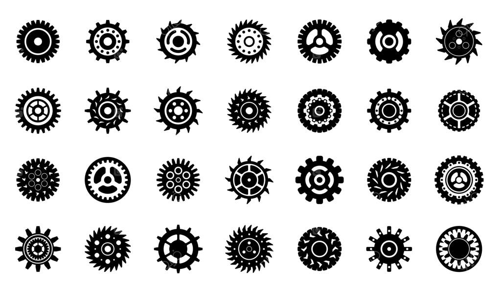عناصر دنده‌های مکانیکی - نمادهای چرخ‌دنده ساعت یا ماشین - مجموعه اخیر چرخ‌دنده‌های مشکی وکتوری