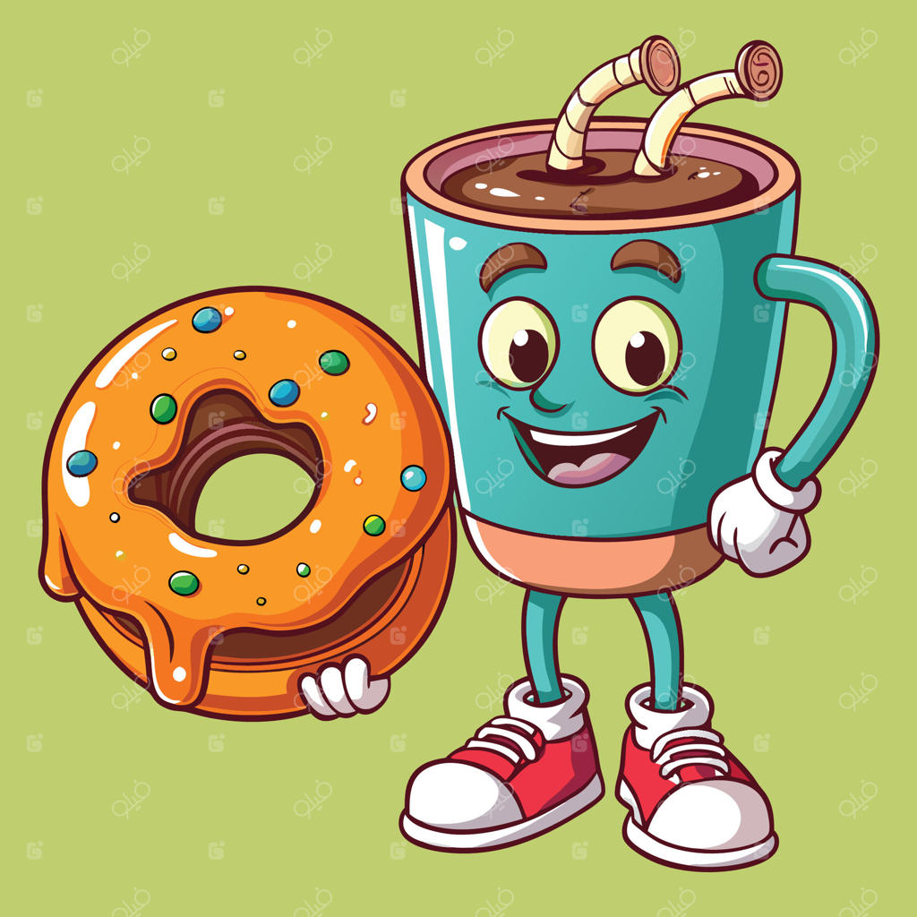 تصویری کارتونی و دوست‌داشتنی از قهوه و دونات خوشمزه