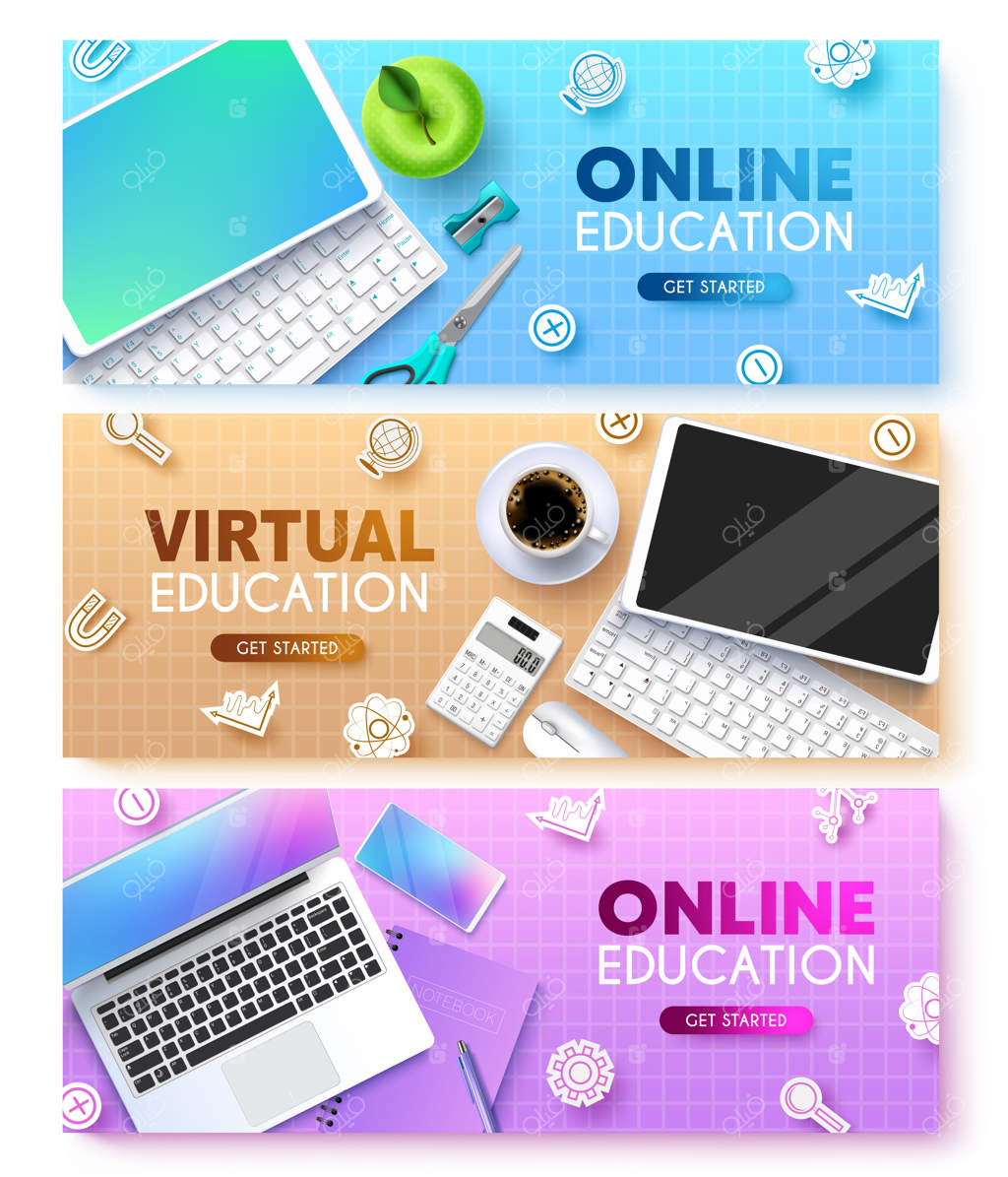 مجموعه پس‌زمینه آموزش آنلاین: متن آموزش مجازی با تبلت، لپ‌تاپ و صفحه‌کلید