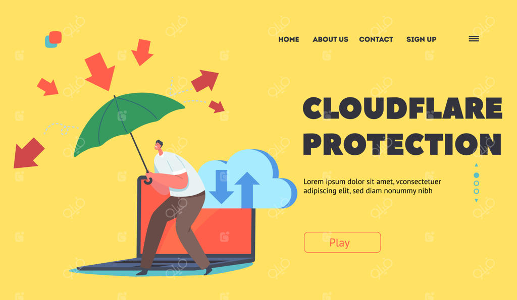 پترن صفحه فرود محافظت کلودفلر: حمله هکری و مفهوم فناوری ایمنی دیجیتال با مردی زیر چتر