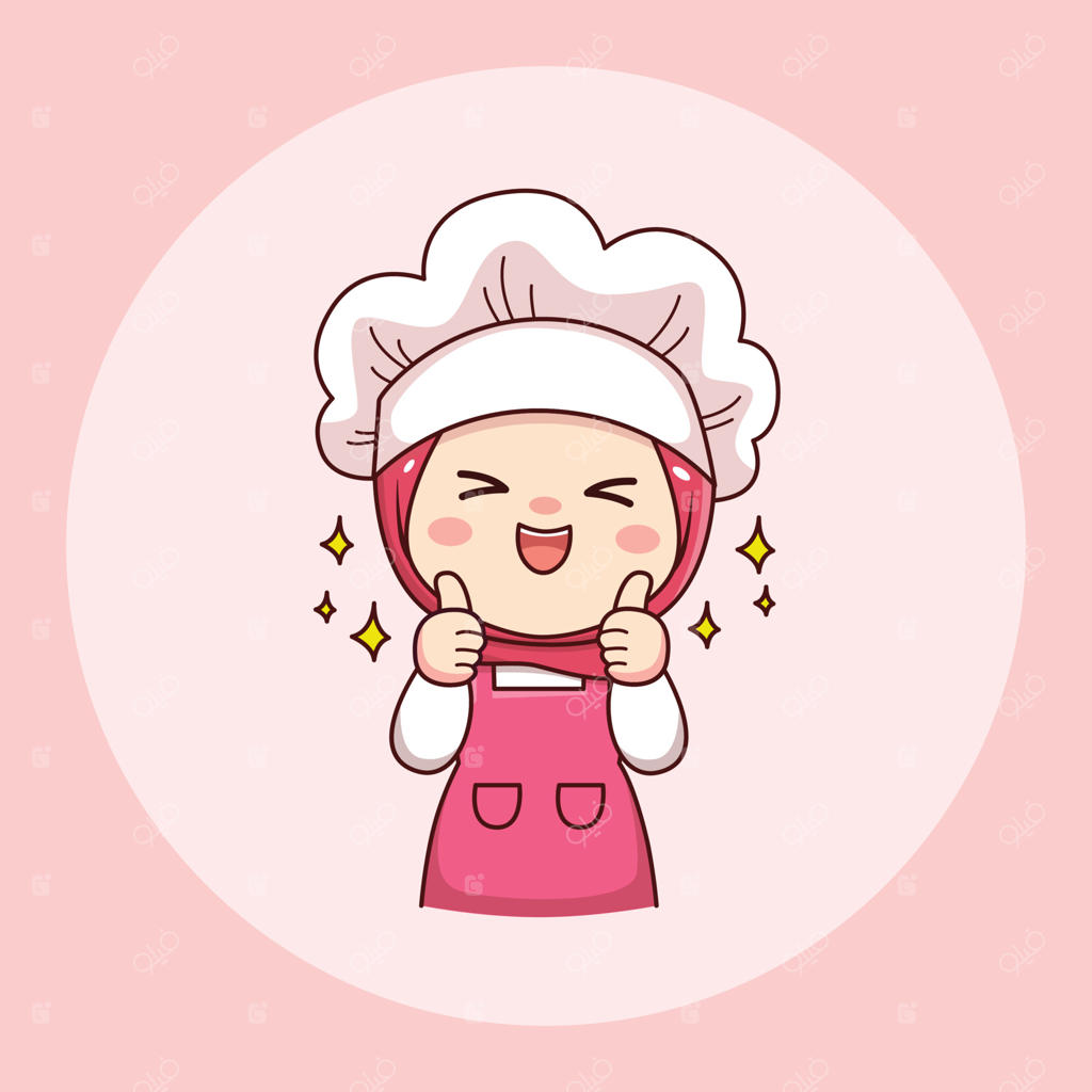 طراحی شخصیت کارتونی دختر آشپز یا نانوا با حجاب به سبک چبی در حال نشان دادن علامت تأیید
