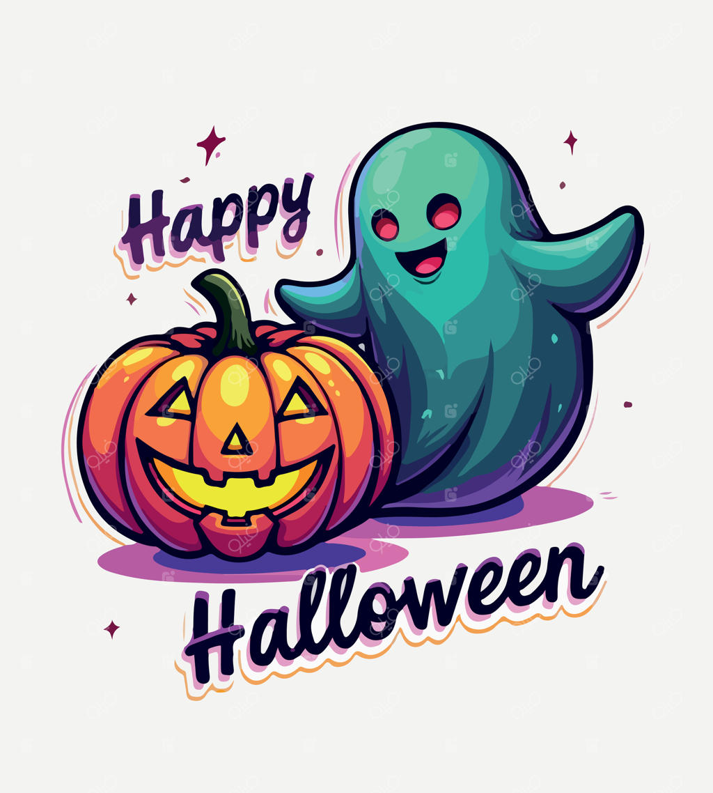 تصویرسازی کارتونی هیولا و کدو تنبل با نوشته هالووین مبارک