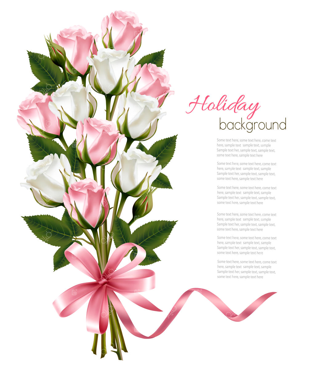 دسته گل رزهای صورتی و سفید با روبان صورتی.