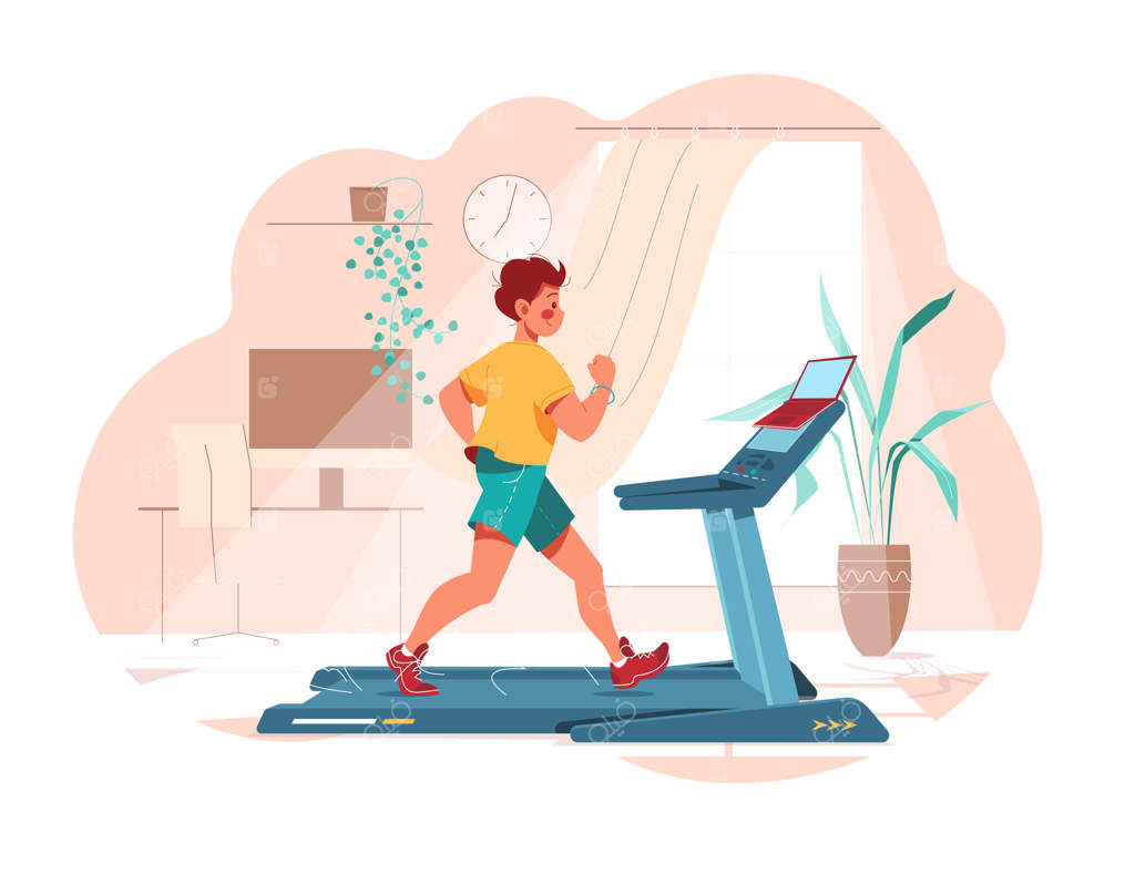 تناسب اندام در خانه: مردی روی تردمیل ورزش می‌کند. ورزش در اتاق.