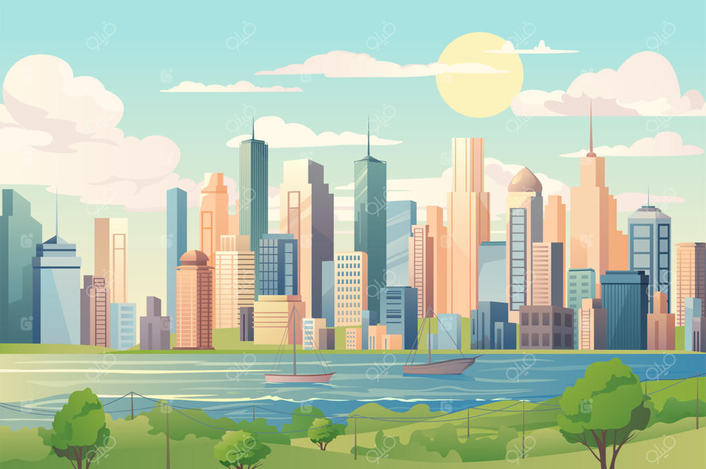 پس‌زمینه شهری: تصویر جذابی از یک شهر با آسمان‌خراش‌های بلند و پرجنب‌وجوش