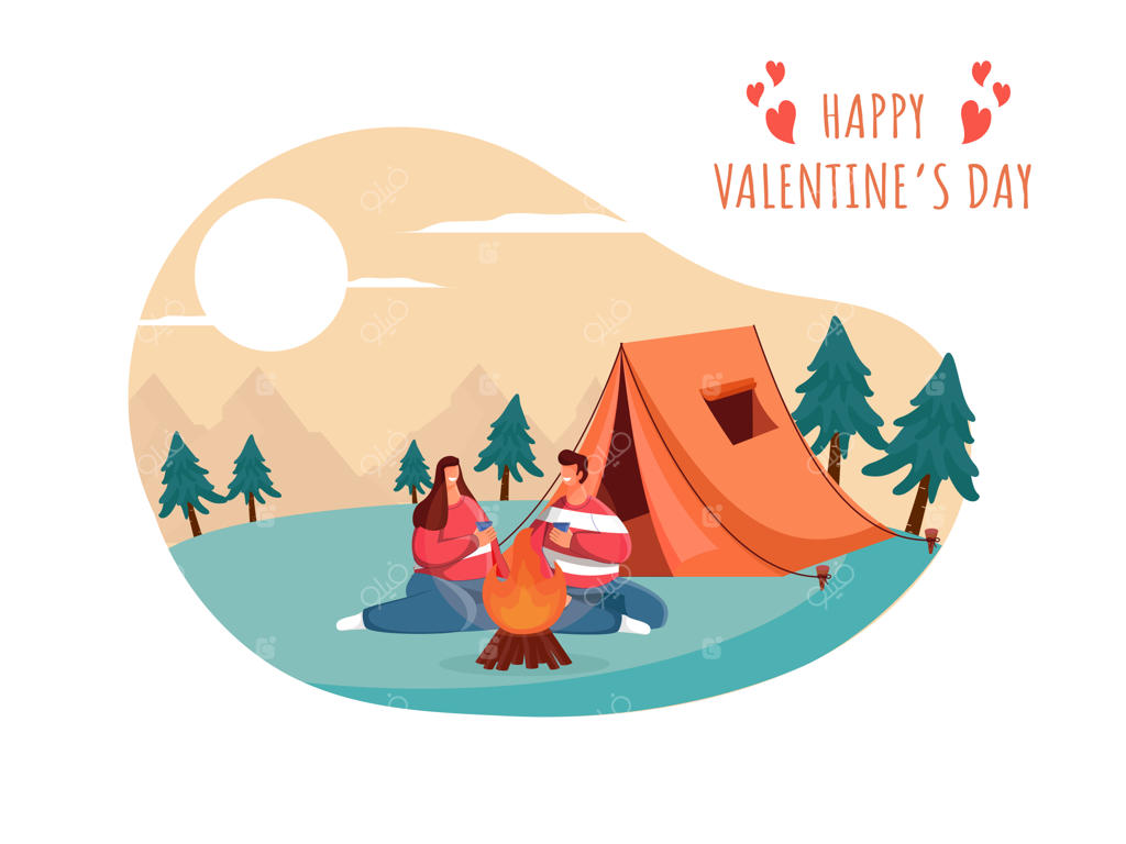 نمای کمپینگ با زوج جوان در حال لذت بردن از نوشیدنی در مقابل آتش برای جشن ولنتاین.