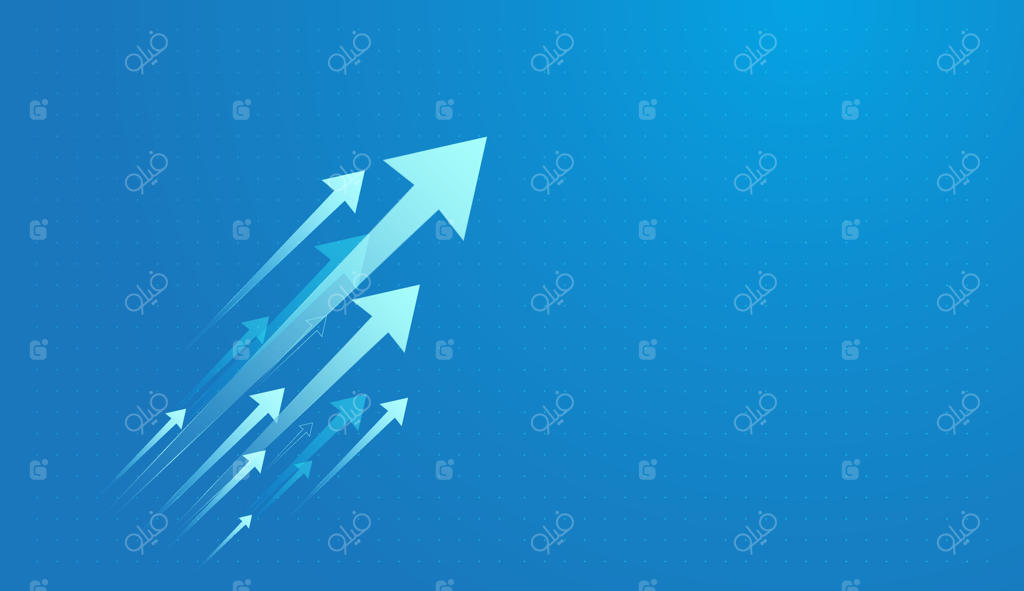 پیکان‌های روشن به سمت مفاهیم مالی صعود می‌کنند و نمودار کسب‌وکار به سوی بالا و جهت مثبت حرکت می‌کند. نموداری انتزاعی از بازار سهام و رو به رشد، تصویرسازی