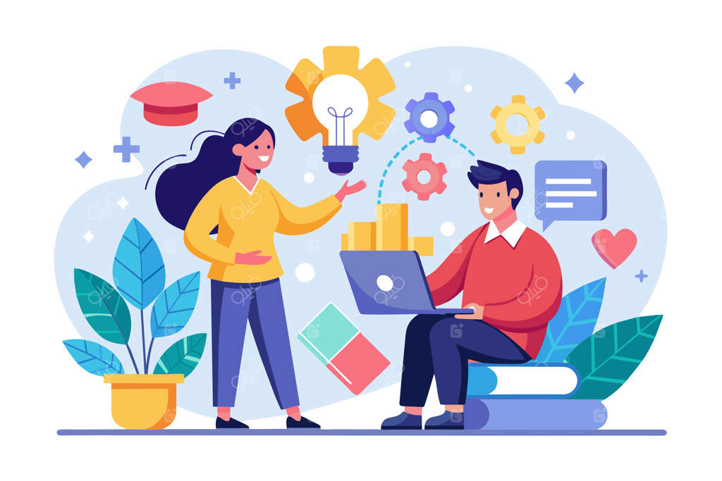 مرد و زنی در حال همکاری با لپ‌تاپ برای یافتن راه‌حل - دو نفر در جستجوی راه‌حلی برای یک مشکل تجاری - تصویرسازی ساده و مینیمالیستی وکتور