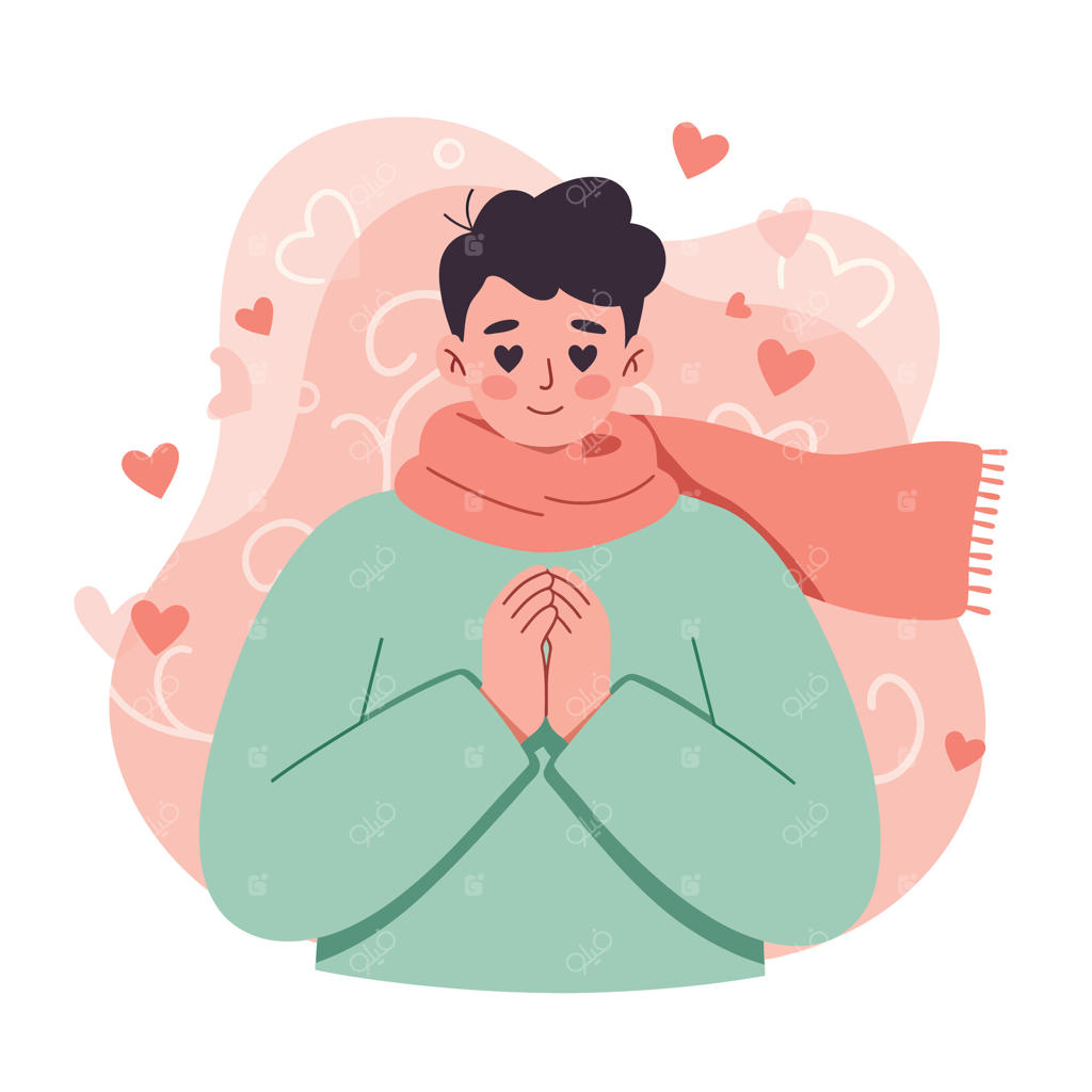 تصویر مردی با شال که با قلب‌های رنگی ملایم، عشق و قدردانی نشان می‌دهد