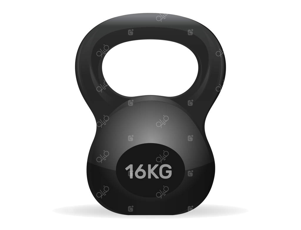 دمبل ورزشی 16 کیلوگرمی، ورزش با کتل‌بل. کتل‌بل مناسب ورزش، نمایی در پس‌زمینه سفید.