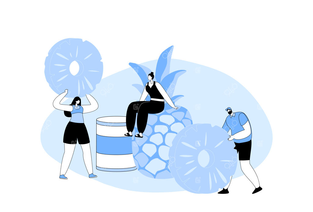 شخصیت‌های کوچک مرد و زن با میوه آناناس بزرگ و رسیده: سالاد میوه تازه و کنسروی برای گیاهخواران