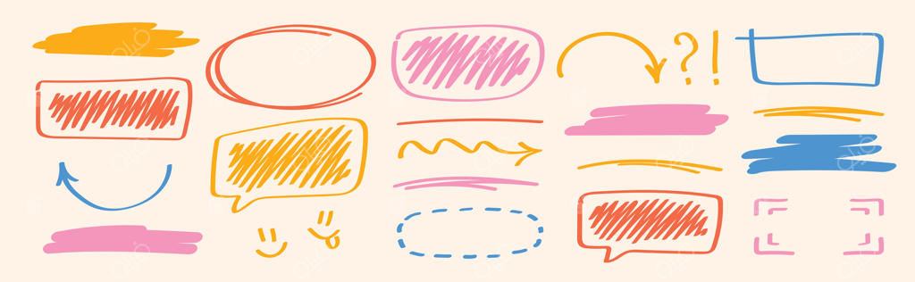 حباب‌های سخنگوی رنگارنگ و فلش‌های دست کشیده شده با ماژیک، عناصر طراحی اسکتچ در رنگ‌های صورتی، قرمز و زرد