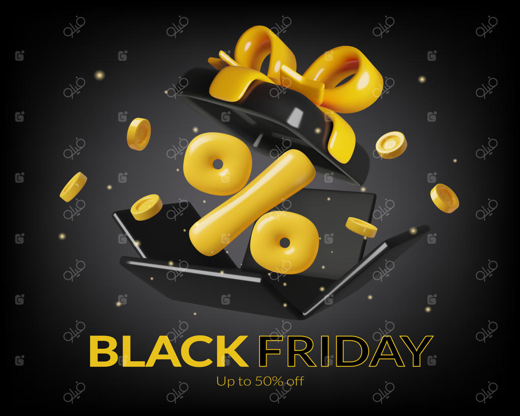 طراحی بنر حراج جمعه سیاه با علامت درصد بزرگ و سکه‌ها داخل جعبه هدیه مشکی روی زمینه تیره