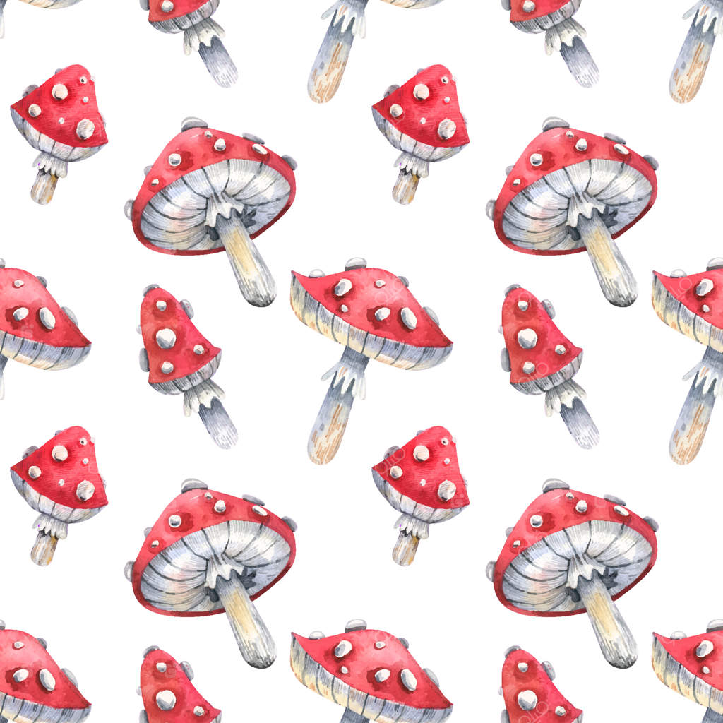 پترن یکپارچه آبرنگ با قارچ‌های آمانیتا قرمز روی زمینه سفید