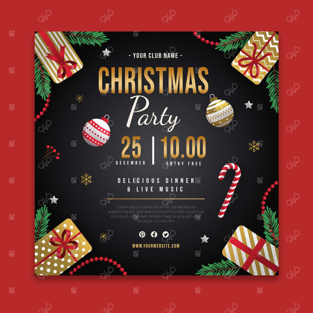 قالب فلایر مهمانی کریسمس مربعی با طرح آبنبات چوبی