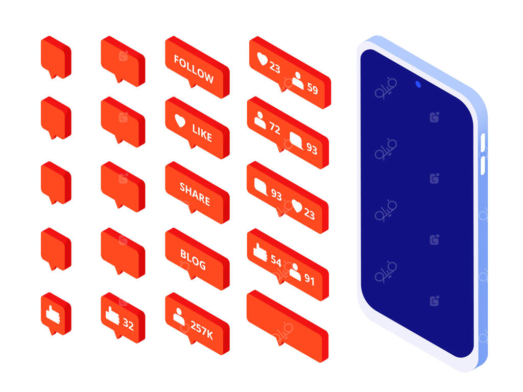 عشق مانند دکمه‌های ایزومتریک: نمادهای الهام‌گرفته از اینستاگرام، دنبال‌کننده، لایک، بلاگر، اطلاع‌رسانی، وبلاگ و اسنپ‌چت