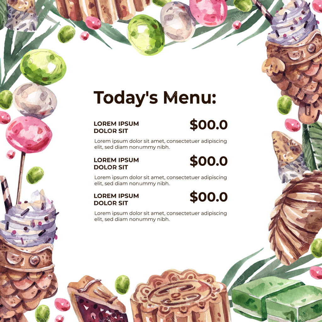 قاب مربعی برای منو با تصویرسازی آبرنگی دسرها و شیرینی‌های سنتی آسیایی.