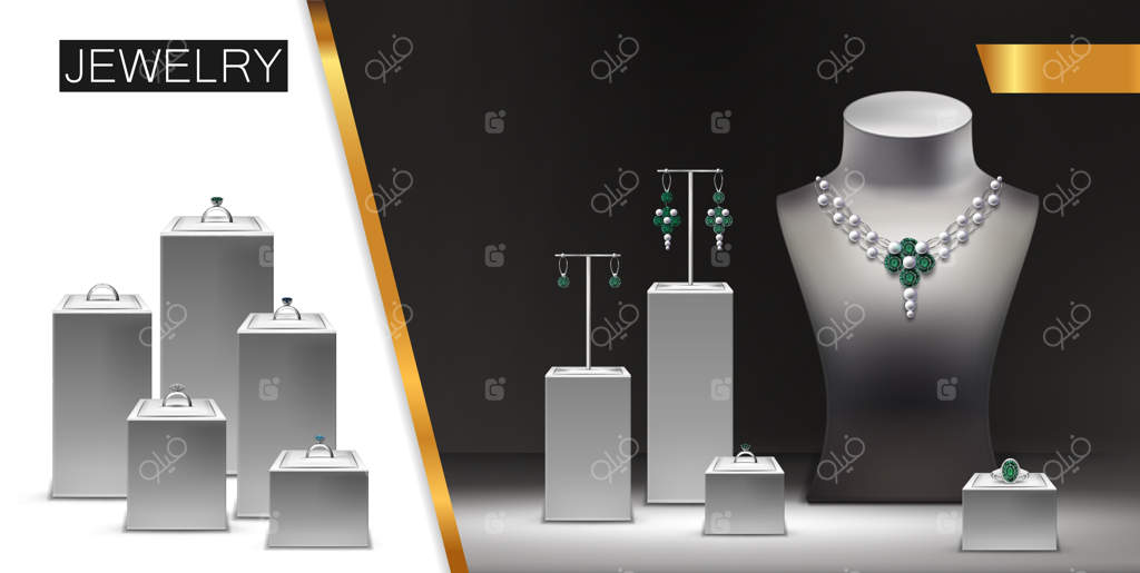 ایده تبلیغاتی واقع‌گرایانه برای جواهرات: گردنبند نقره، گوشواره‌ها و انگشترها با الماس و جواهرات بر روی استندهای نمایش و مانکن‌ها