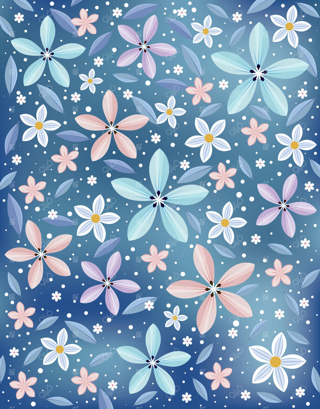 طرح گل بهاری با شکوفه‌های ملایم روی زمینه آبی