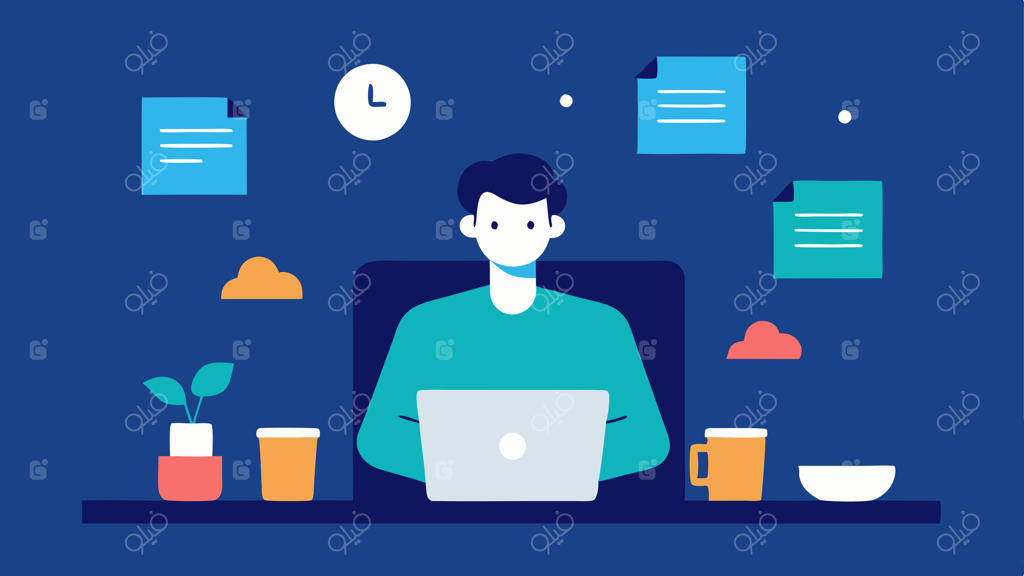 راه‌اندازی کنفرانس مجازی: فردی پشت میز با لپ‌تاپی باز که شبکه‌ای از شرکت‌کنندگان را بر روی صفحه نشان می‌دهد و کاغذها و فنجان قهوه دورش پراکنده‌اند.