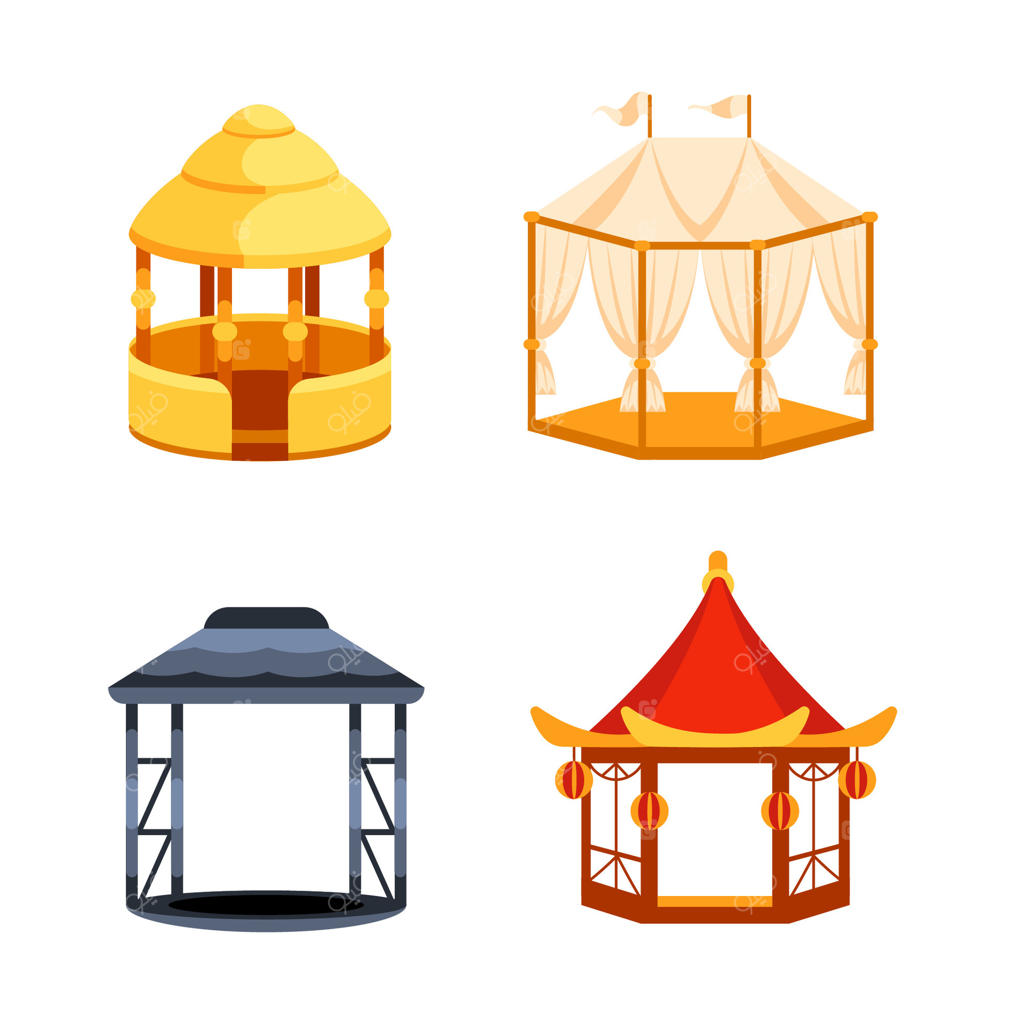 چهار تصویر رنگارنگ از انواع مختلف آلاچیق‌ها، مناسب برای نمایش آرامش در فضای باز، طراحی باغ یا تنوع معماری