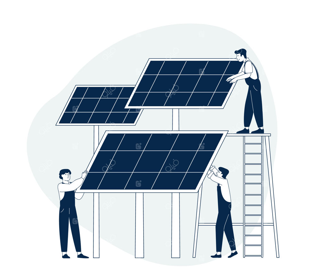 پنل‌های خورشیدی و سیستم‌های انرژی جایگزین، کارگران برق‌کار، المان‌های برق سبز مدرن در شهر دوستدار محیط زیست و حفظ طبیعت، طرح وکتور جدید