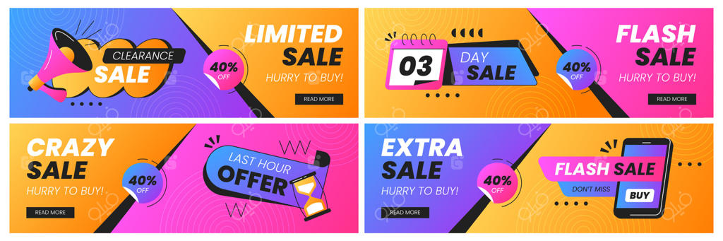 مجموعه قالب‌های طراحی پوستر و بنر افقی برای پیشنهادهای لحظه آخری؛ تراکت‌های تبلیغاتی حراج با ساعت شنی، تقویم یا بلندگو؛ کاورهای اطلاع‌رسانی فروش ویژه و تخفیف برای فروشگاه‌های آنلاین.