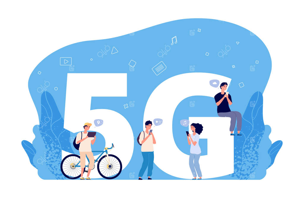آدم‌های کوچکی روی حروف 5G با تلفن و لپ‌تاپ
