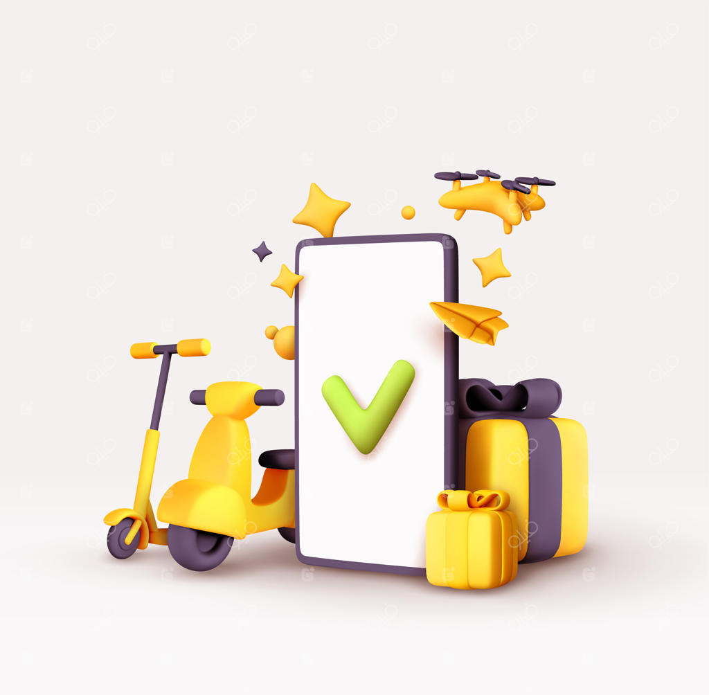 تحویل سریع: موتور سیکلت، اسکوتر برقی، پهپاد، تلفن همراه. طراحی سه‌بعدی واقعی با ایده‌ای خلاقانه برای بازاریابی. جعبه هدیه. سفارش آنلاین کالاها. تصویرسازی وکتور