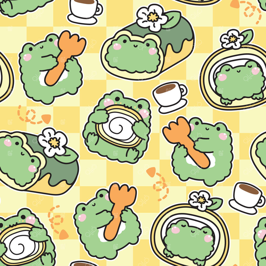 پترن بی‌نقص قورباغه بامزه در حالت‌های مختلف در زمینه‌ای با مفهوم کیک رول. فنجان قهوه، نان شیرینی، کیک، دسر، شیرینی، گل‌ها به صورت طراحی دستی. شخصیت کارتونی حیوان خزنده. کاوایی. تصویرسازی.