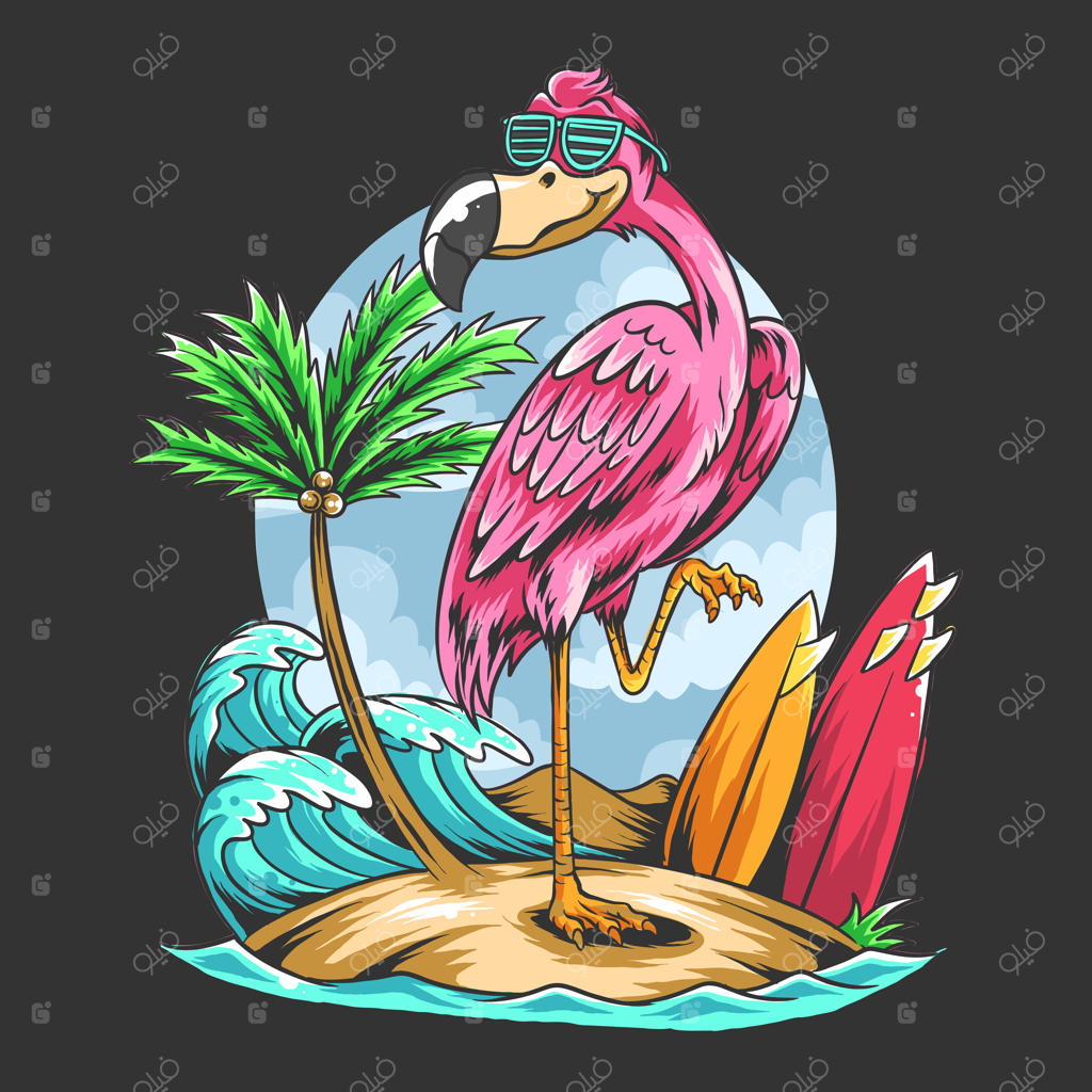 طرح تی‌شرت با فلامینگوهای تابستانی در ساحل با درختان نارگیل و تخته‌های موج‌سواری