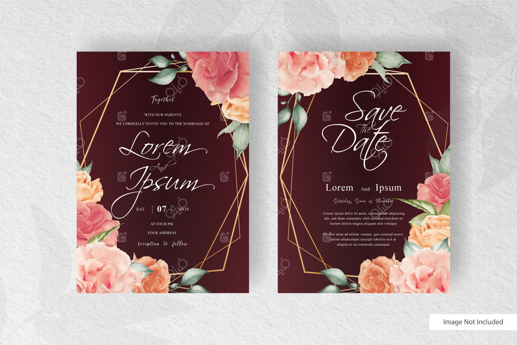 قالب کارت عروسی با طراحی آبرنگ و گل‌های رنگارنگ