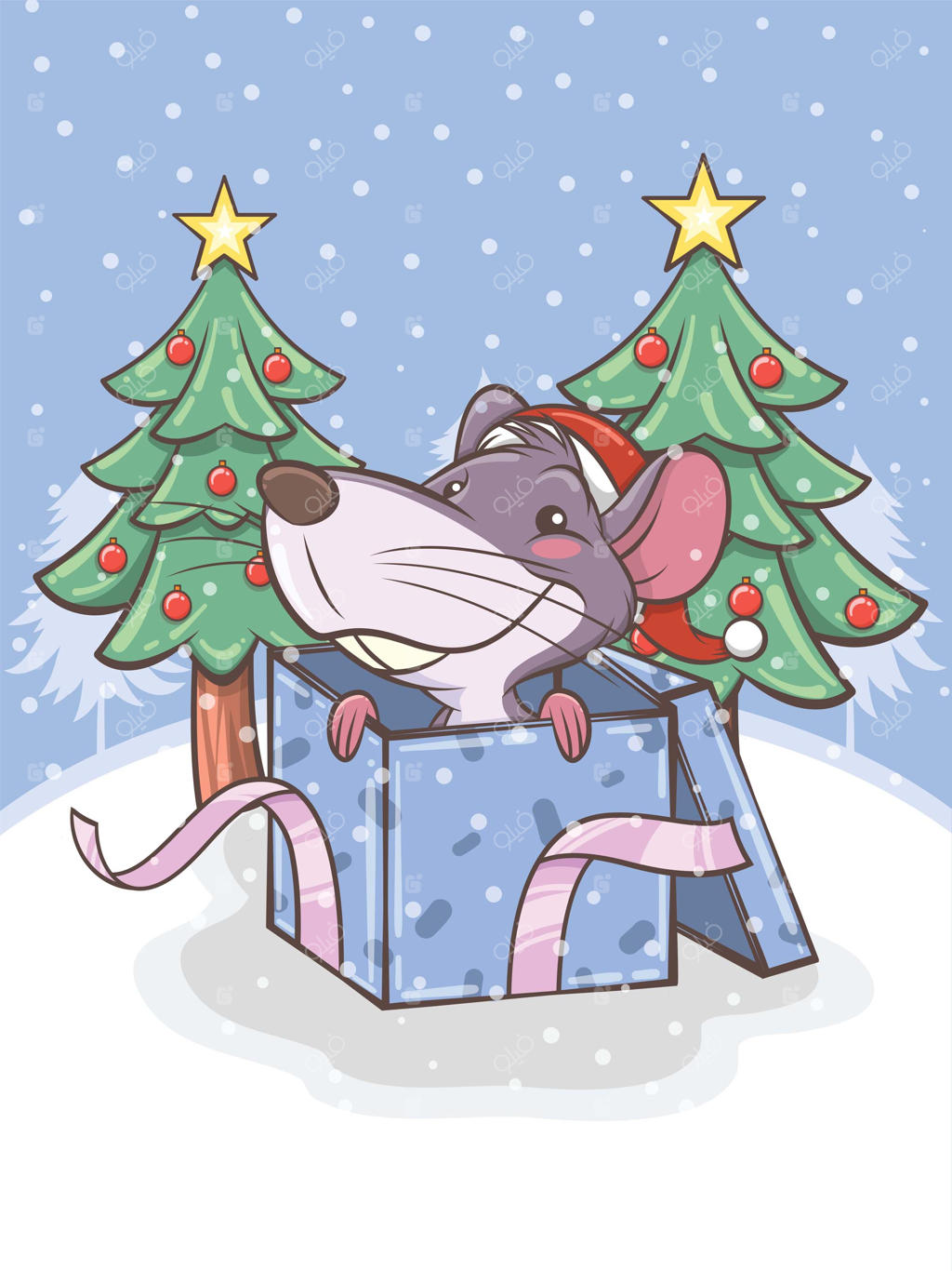 موش بامزه با جعبه هدیه و درخت کریسمس - تصویر شخصیت کارتونی