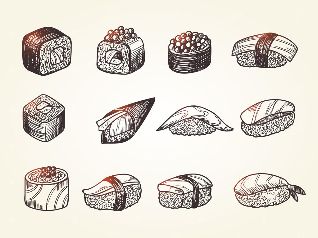 طرح دستی سوشی: غذای اصیل آسیایی از ماهی‌ها، شامل توررو، کانی، رول‌های فیلادلفیا با برنج، تازه‌ترین وکتور محصولات، به صورت تصویر جداگانه.