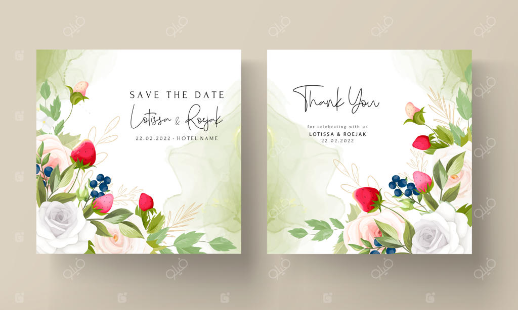 کارت دعوت عروسی با طرح گل رز زیبا و توت‌فرنگی و زغال‌اخته گل‌دار