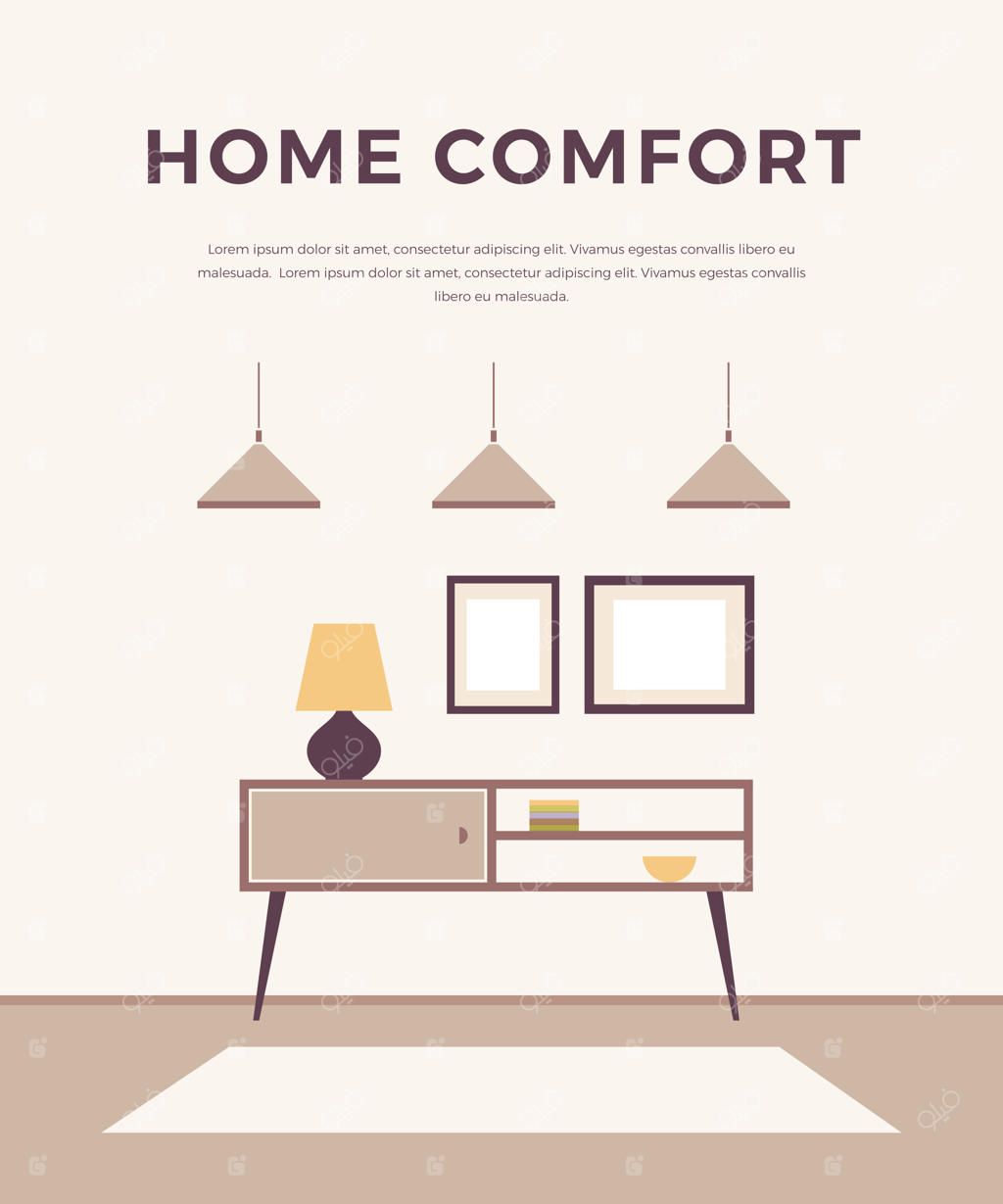 طراحی داخلی سالن با مبلمان کلاسیک و مدرن: چراغ‌ها، میز کنار تخت، تابلوها. سبک مینیمالیست. دکوراسیون داخلی خانه.