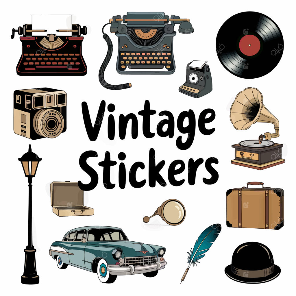 مجموعه استیکرهای وینتیج شامل ماشین تحریر قدیمی