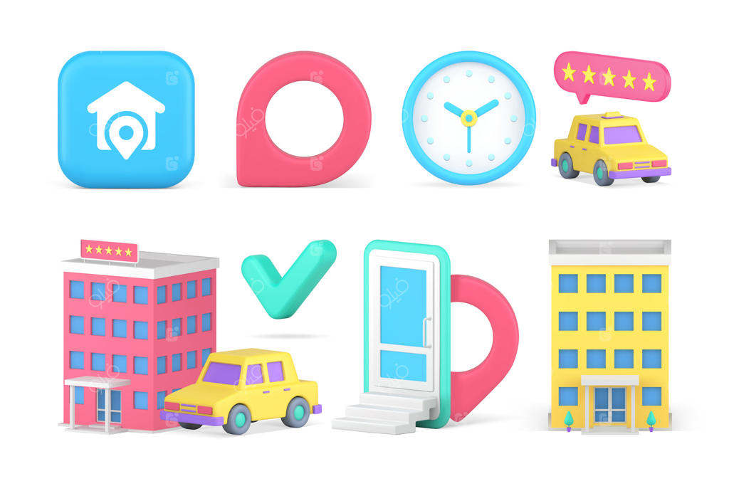 مجموعه آیکون‌های سه‌بعدی مکان‌یاب برای سفر و گردشگری: موقعیت، جهت، هتل و نقشه