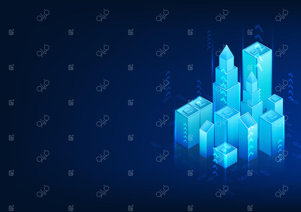 تکنولوژی شهر هوشمند - نمای ایزومتریک با تیرک‌های اطراف: شهری مدرن و پیشرفته که سرمایه‌گذاران را جذب کرده و به یک شهر پیشرو اقتصادی تبدیل شده است.