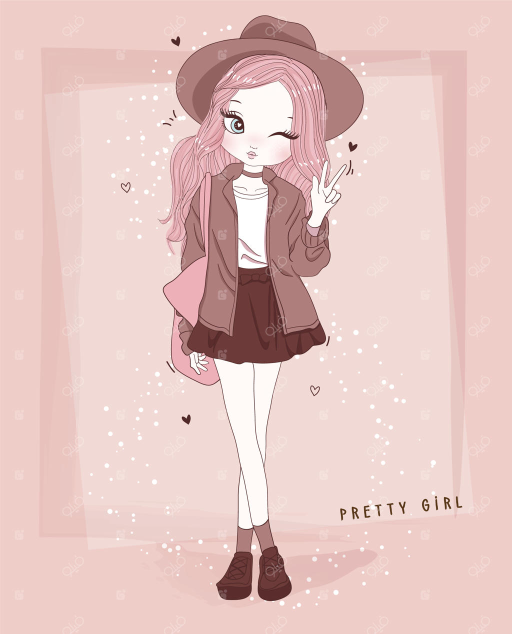 نقاشی دستی دختر بامزه با پس‌زمینه