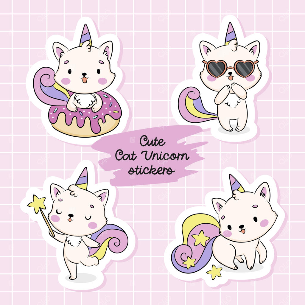 مجموعه‌ای از استیکرهای بامزه گربه تک‌شاخ با طراحی دستی