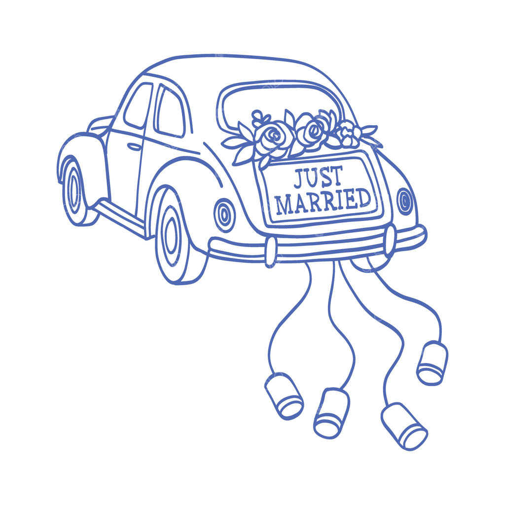 ماشین آبی با تزئینات گل و نوشته تازه عروس روی عقب آن