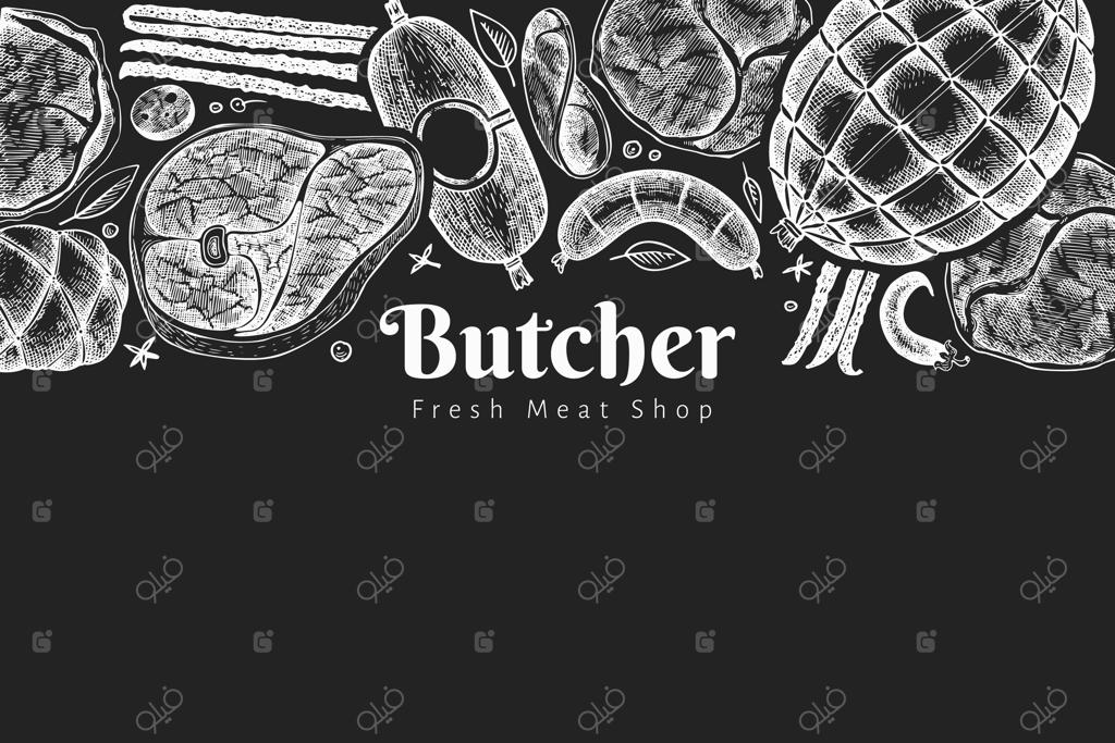 قالب طراحی محصولات گوشتی قدیمی: طراحی دستی ژامبون، سوسیس و ادویه‌ها. تصویرسازی کلاسیک روی تخته سیاه. مناسب برای منوی رستوران.