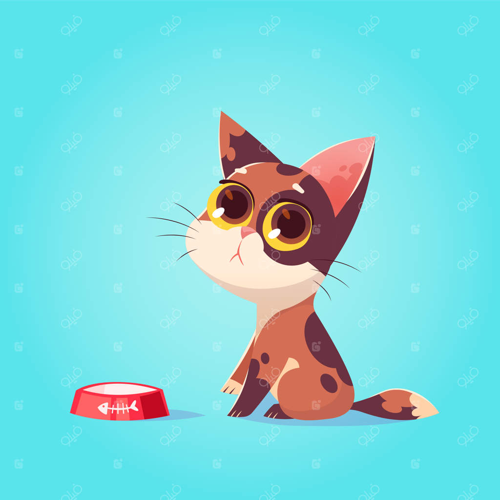 تصویرسازی شخصیت گربه بامزه وکتور. سبک کارتونی. بچه گربه گرسنه و ناز با کاسه غذا. حیوان خانگی.