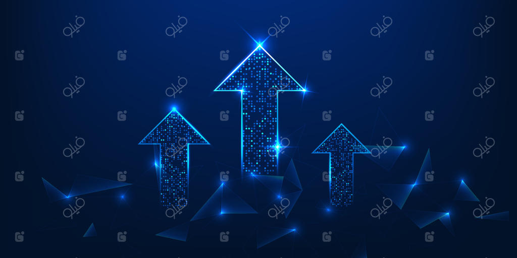 پیکان رو به بالا با عنصر فناوری نشان‌دهنده رشد تجارت مدرن است که با نوآوری دیجیتال و سیستم‌های هوشمند هدایت می‌شود تا به‌طور مداوم بهره‌وری را افزایش داده و ارزش اقتصادی ایجاد کند.