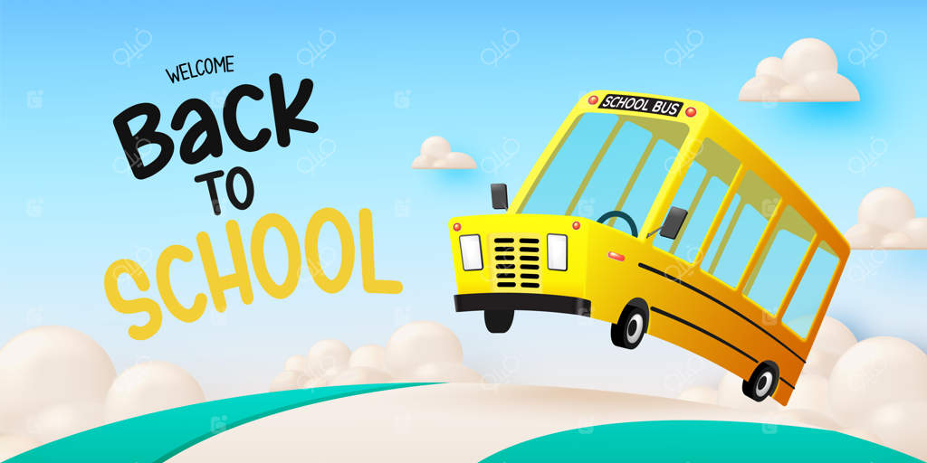 سبک هنری سه‌بعدی از اتوبوس مدرسه در حال حرکت در جاده با پس‌زمینه آسمان زیبا - تصویر وکتور