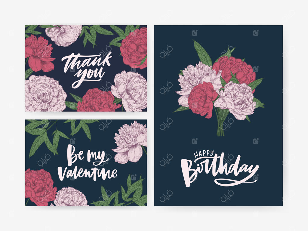 مجموعه کارت تبریک تولد و روز ولنتاین و الگوهای یادداشت تشکر با تزیینات گل‌های صد تومانی شکوهمند