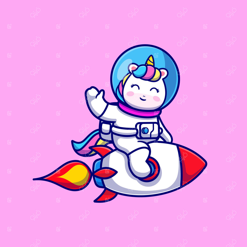 کارتون بامزه: تک‌شاخ فضانورد سوار بر موشک و دست تکان‌دهان. آیکون حیوان فناوری به سبک کارتونی. وکتور پرمیوم و تخت.